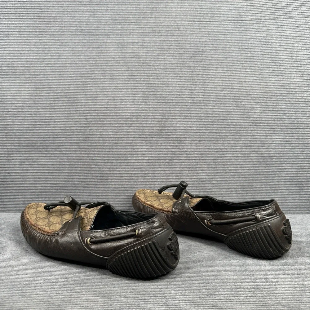 Gucci Mens Brown Leather GG Supreme Monogram Toggle Driving Loafers